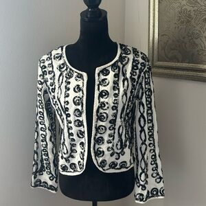 Life Style Petite black white denim aplique long sleeves blazer jacket sz PM new